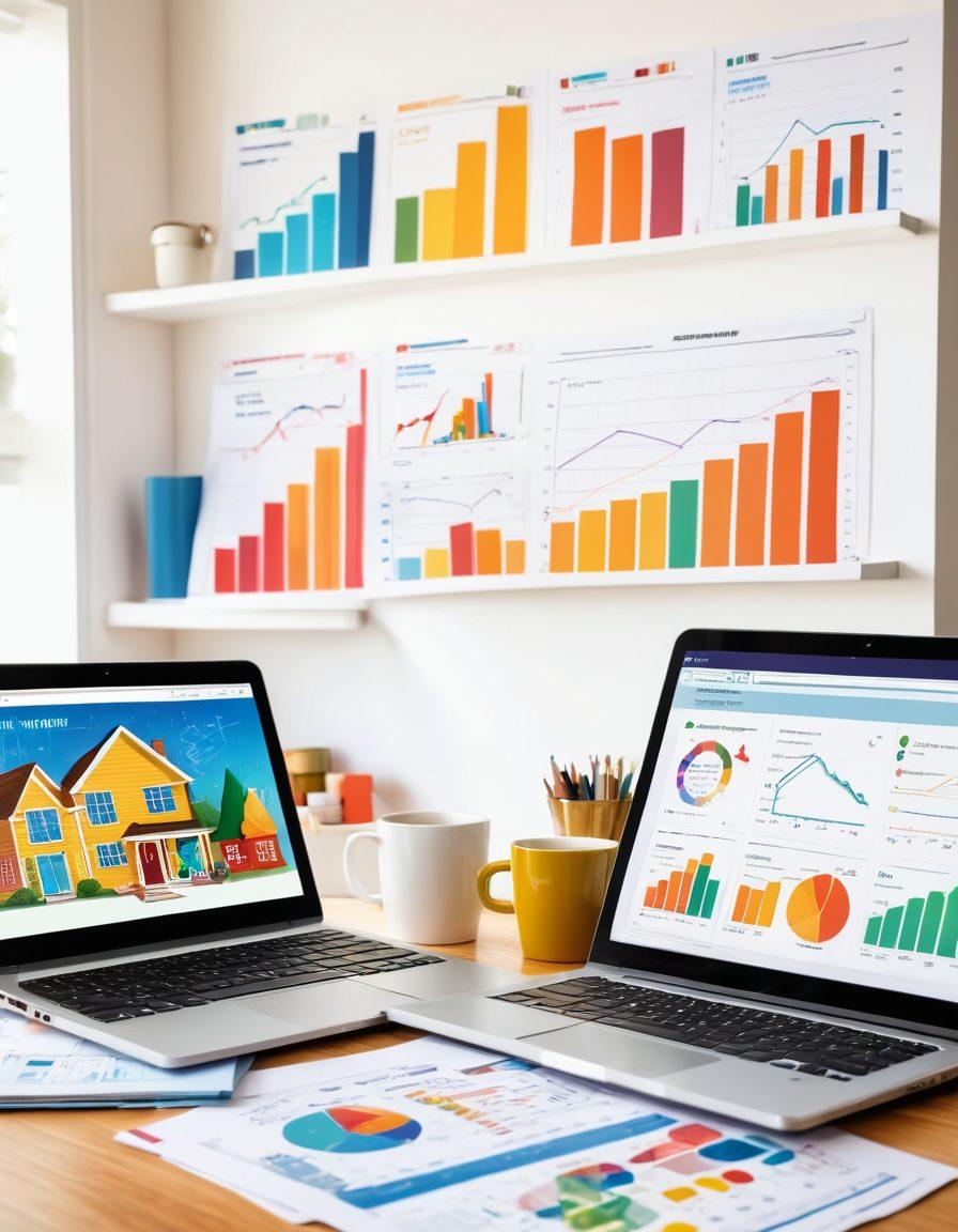 A confident homebuyer analyzing mortgage estimation tools on a laptop, surrounded by colorful charts and graphs illustrating financial growth. In the background, a cozy home symbolizes the dream of homeownership, with warm lighting adding an inviting touch. Include a coffee mug beside the laptop for a personal feel. super-realistic. vibrant colors. white background.