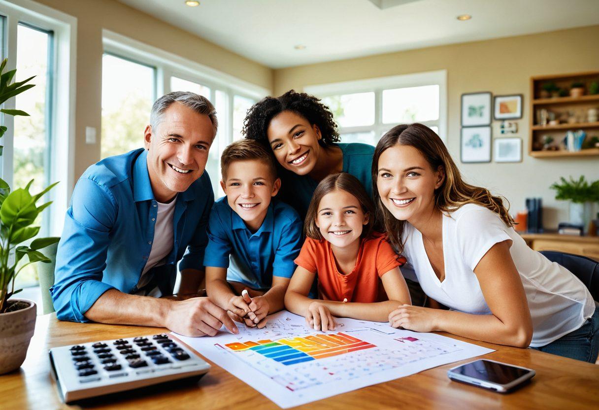 A cheerful family gathered around a futuristic mortgage calculator, surrounded by colorful graphs and blueprints, showcasing the joy of financial planning. Bright natural light filters in from a window, illuminating their happy expressions. Include a cozy living room setting with plants and decorative home elements. super-realistic. vibrant colors. warm ambiance.